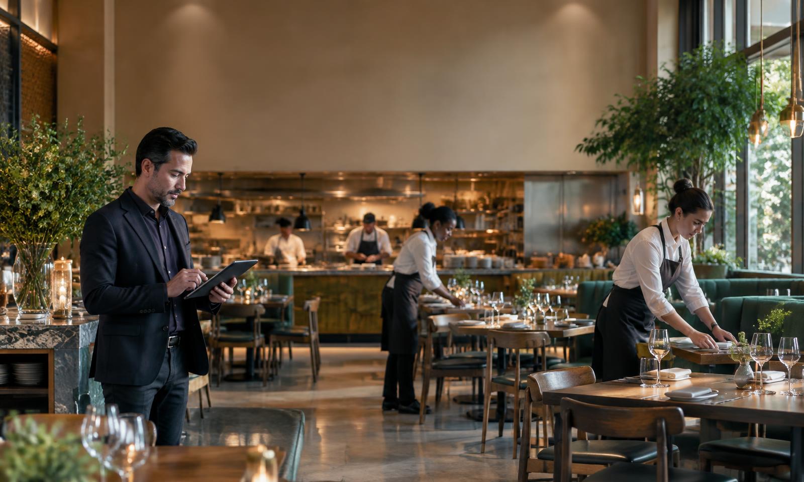 Restaurant team preparing for evening service